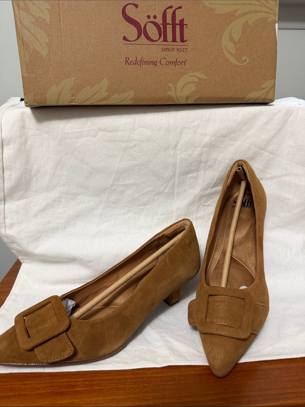 Sofft Suede Pointed-Toe Flats with Buckle in Tan